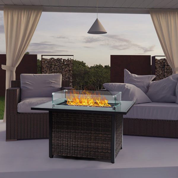 Outdoor Fire Pit 50000 BTU Propane Gas Fire Table With Lid Fireplace With Glass Windproof Willow Base Suitable For Gardens, Terraces, Backyards, 44 Inches