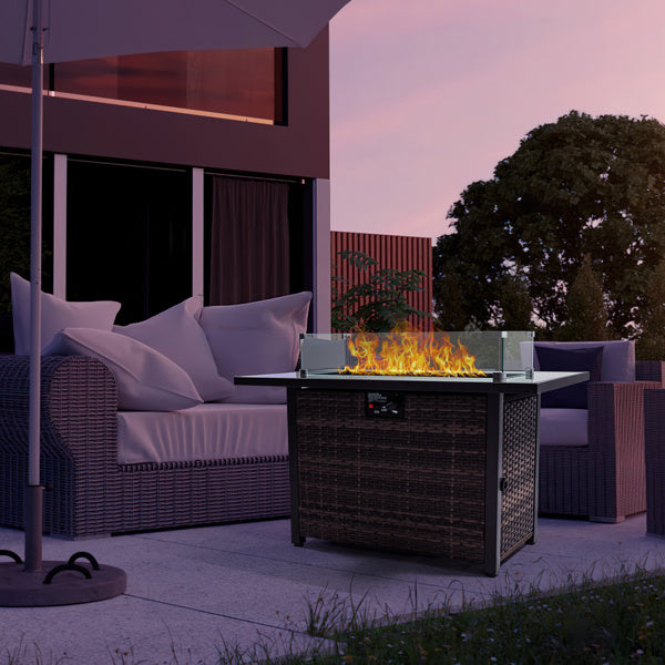 Outdoor Fire Pit 50000 BTU Propane Gas Fire Table With Lid Fireplace With Glass Windproof Willow Base Suitable For Gardens, Terraces, Backyards, 44 Inches