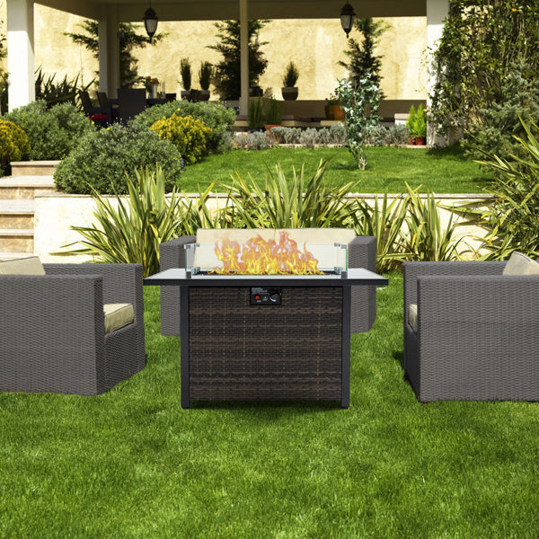 Outdoor Fire Pit 50000 BTU Propane Gas Fire Table With Lid Fireplace With Glass Windproof Willow Base Suitable For Gardens, Terraces, Backyards, 44 Inches