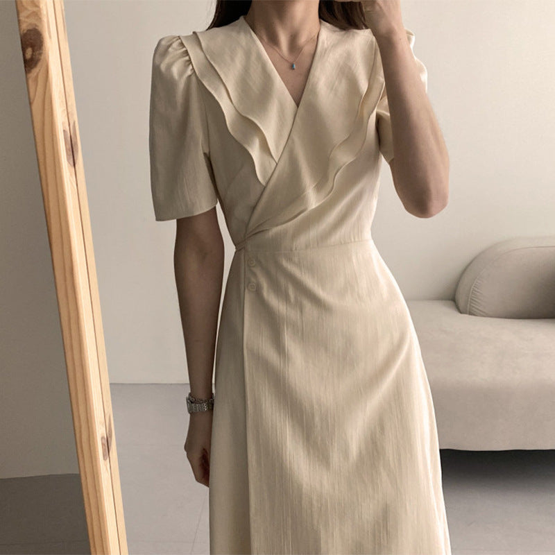 Retro Double-layer Collar Oblique Buckle Waist Slimming Mid-length One-piece Puff Sleeve Dress