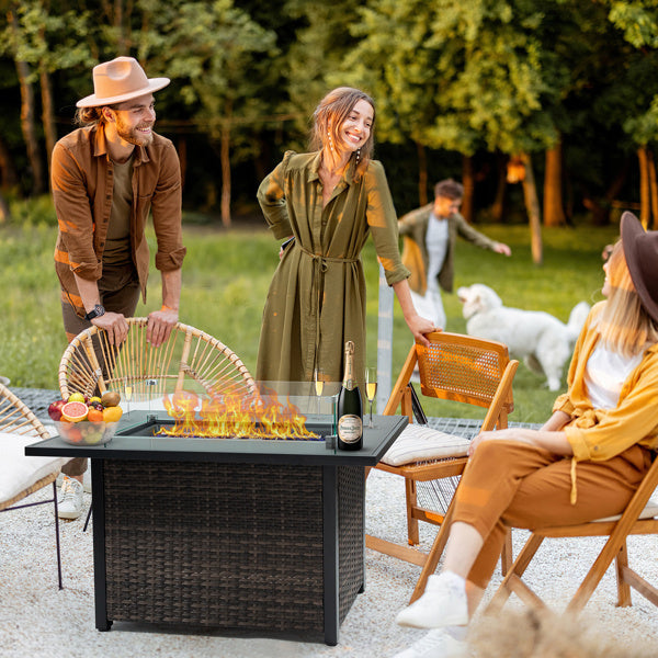 Outdoor Fire Pit 50000 BTU Propane Gas Fire Table With Lid Fireplace With Glass Windproof Willow Base Suitable For Gardens, Terraces, Backyards, 44 Inches