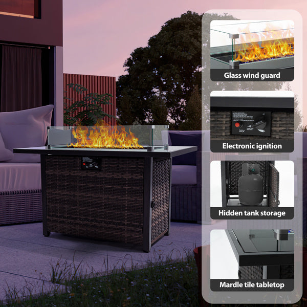 Outdoor Fire Pit 50000 BTU Propane Gas Fire Table With Lid Fireplace With Glass Windproof Willow Base Suitable For Gardens, Terraces, Backyards, 44 Inches