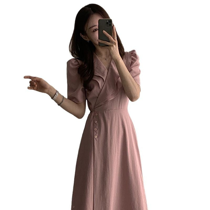 Retro Double-layer Collar Oblique Buckle Waist Slimming Mid-length One-piece Puff Sleeve Dress