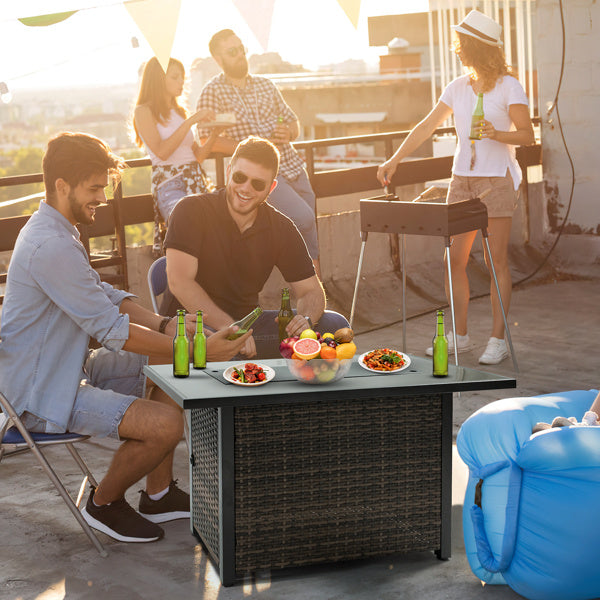 Outdoor Fire Pit 50000 BTU Propane Gas Fire Table With Lid Fireplace With Glass Windproof Willow Base Suitable For Gardens, Terraces, Backyards, 44 Inches