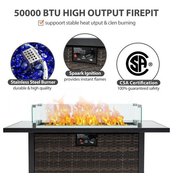 Outdoor Fire Pit 50000 BTU Propane Gas Fire Table With Lid Fireplace With Glass Windproof Willow Base Suitable For Gardens, Terraces, Backyards, 44 Inches