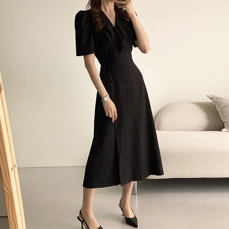 Retro Double-layer Collar Oblique Buckle Waist Slimming Mid-length One-piece Puff Sleeve Dress