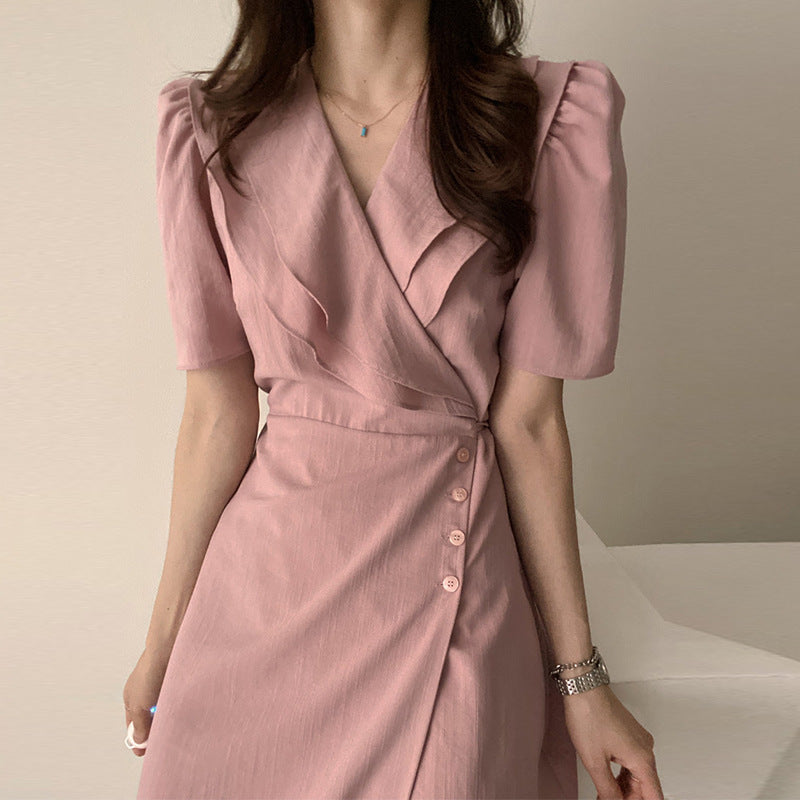 Retro Double-layer Collar Oblique Buckle Waist Slimming Mid-length One-piece Puff Sleeve Dress